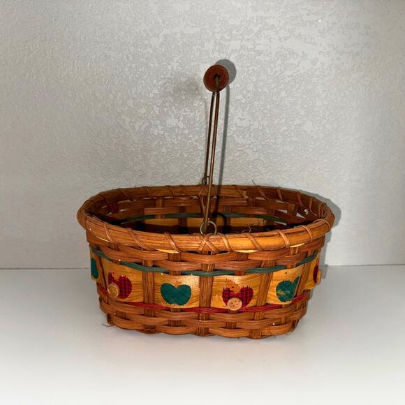 Vintage Country Heart Button Basket Duo – Rustic Wood Handle Wall & Table Set - Picture 7 of 11